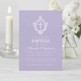 Lavender Baptism Cross Floral Crest Elegant Purple Kaart
