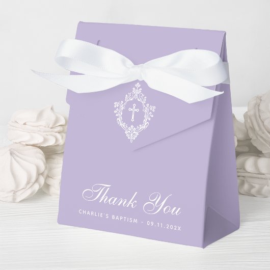 Lavender Baptism White Cross Crest Elegant Purple Bedankdoosjes