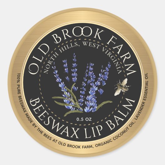 Lavender Beeswax Lip Balm Gold Black met bijen Ronde Sticker (Voorkant)