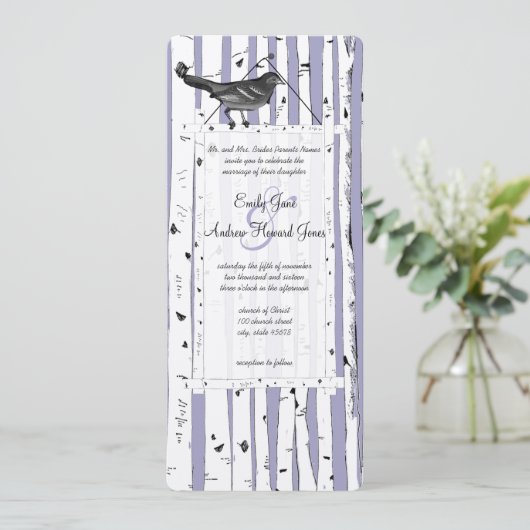 Lavender Birch Tree  Bird Wedding Invite Kaart (Staand voorkant)