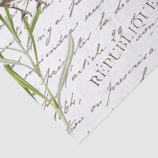 Lavender Bird Briefkaart French Script Decoupage Tissuepapier (Detail)