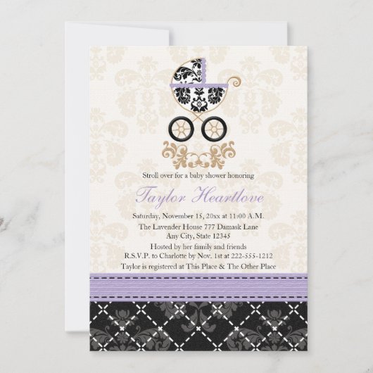 LAVENDER BLACK DAMASK BABY CARRIAGE BABY SHOWER KAART (Voorkant)