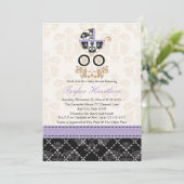 LAVENDER BLACK DAMASK BABY CARRIAGE BABY SHOWER KAART (Staand voorkant)