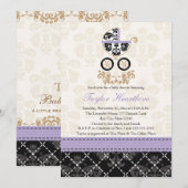 LAVENDER BLACK DAMASK BABY CARRIAGE BABY SHOWER KAART (Voorkant / Achterkant)