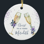 Lavender Blauwgroen Champagne Toast 21st Birthday Keramisch Ornament<br><div class="desc">Ons unieke 21ste geschenk van het keramische ornament van de Dag van de Vrede kenmerkt twee champagneglazen klaar om de verjaardagseerin te toast, de waarvan naam op het ornament in elegante manuscripttypografie wordt geschreven. Florale tapijten in stoffige lavendel en donker blauwgroen versieren de glazen die gevuld zijn met gouden champagne....</div>