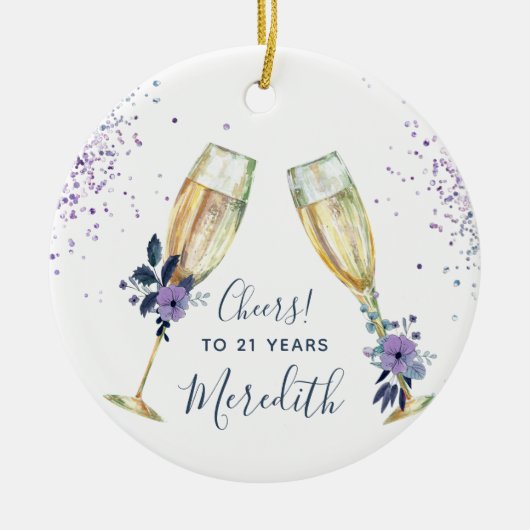 Lavender Blauwgroen Champagne Toast 21st Birthday Keramisch Ornament (Voorkant)