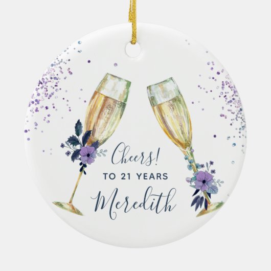 Lavender Blauwgroen Champagne Toast 21st Birthday Keramisch Ornament (Achterkant)