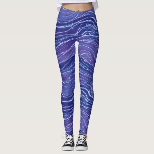 Lavender Blue Abstract Waves Pattern Leggings (Voorkant)
