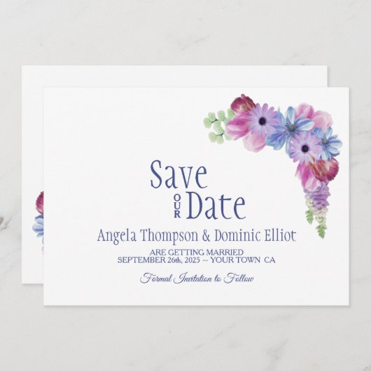 Lavender Blue Floral Wedding Save the Date (Voorkant / Achterkant)