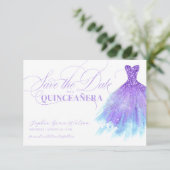 Lavender & Blue Glitter Girly Dress Quinceanera Save The Date (Staand voorkant)