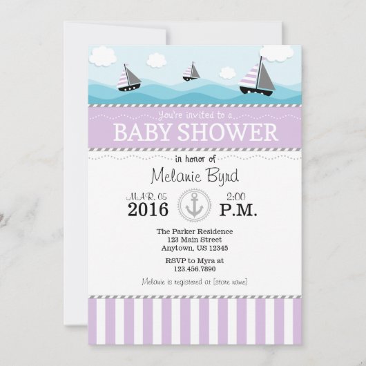Lavender Blue Nautical Baby shower Invitation Kaart (Voorkant)