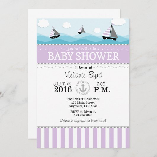 Lavender Blue Nautical Baby shower Invitation Kaart (Voorkant / Achterkant)