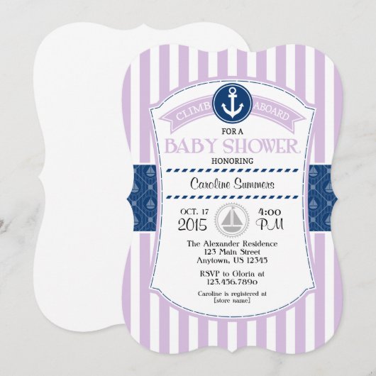 Lavender Blue Nautical Baby shower Invitation Kaart (Voorkant / Achterkant)