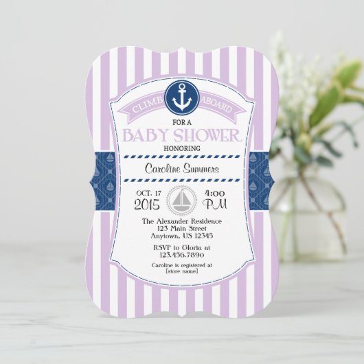 Lavender Blue Nautical Baby shower Invitation Kaart (Staand voorkant)