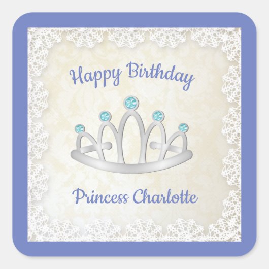 Lavender Blue Princess Tiara Birthday Party Vierkante Sticker (Voorkant)