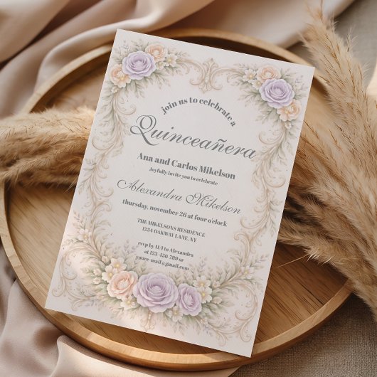 Lavender Blush Baroque Quinceañera Kaart
