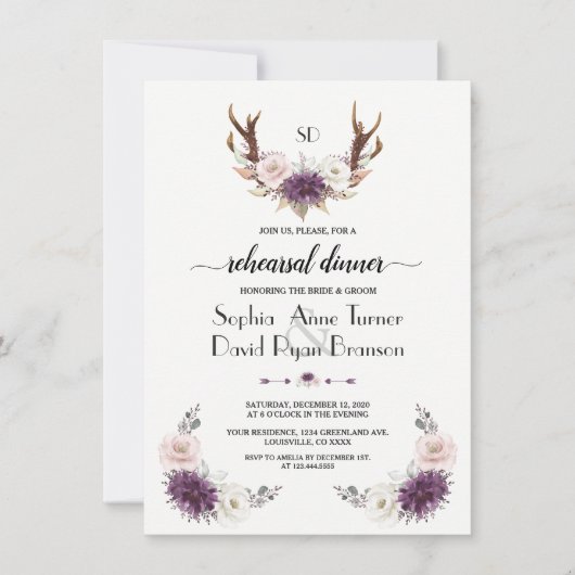 Lavender Blush Floral Antlers Rehearsal Dinner Kaart (Voorkant)