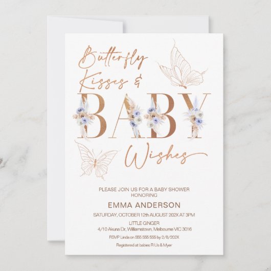 Lavender Boho Floral Butterfly kisses Baby shower Kaart (Voorkant)