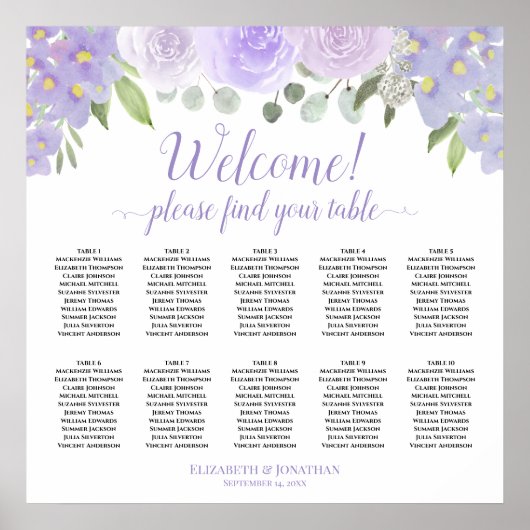 Lavender Boho Rozen 10 Tabel Wedding Seating Chart Poster (Voorkant)