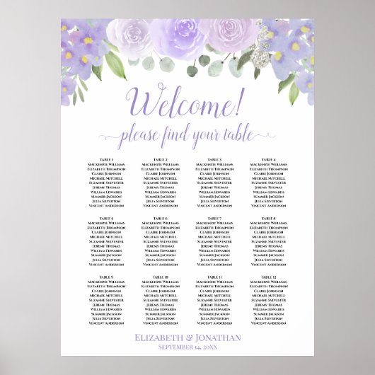 Lavender Boho Rozen 12 Tafel Wedding Seating Chart Poster (Voorkant)