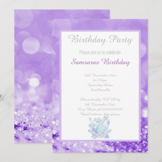 LAVENDER BOKEH CRYSTALS PARELTJES BIRTHDAY INVITAT KAART (Voorkant / Achterkant)