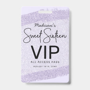 Lavender Borstel Glitter Sweet 16 Uitnodiging VIP Badge