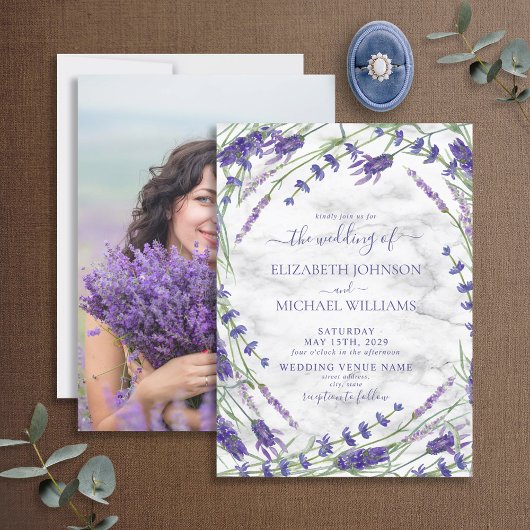 Lavender Botanical Lijst Marble Photo Wedding Kaart