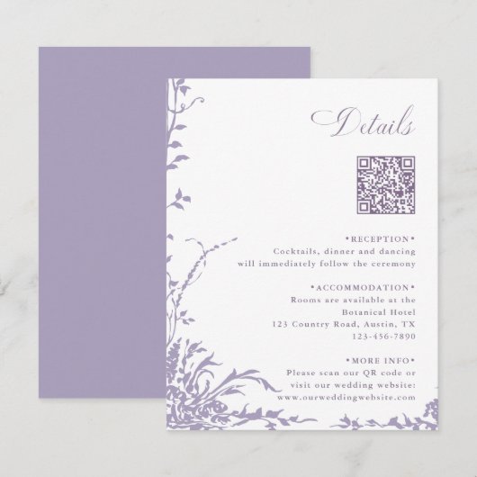 Lavender Botanical Wedding QR Code Details Informatiekaartje (Voorkant / Achterkant)