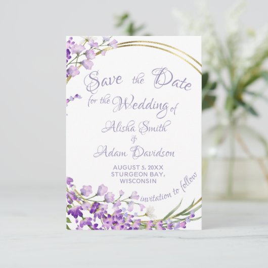 Lavender Bouquet Wreath Wedding Save the Date Kaar (Staand voorkant)