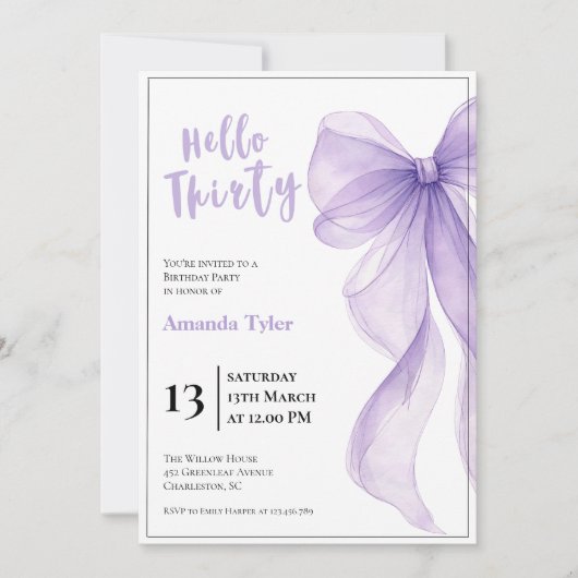 Lavender Bow 30th Birthday Invitation Kaart (Voorkant)