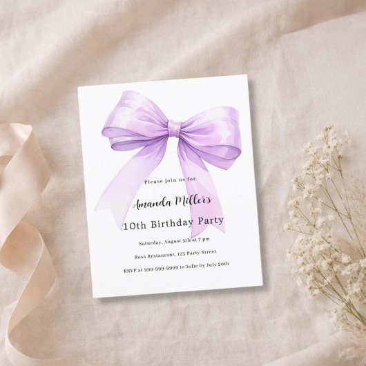 Lavender bow coquette girl birthday invitation