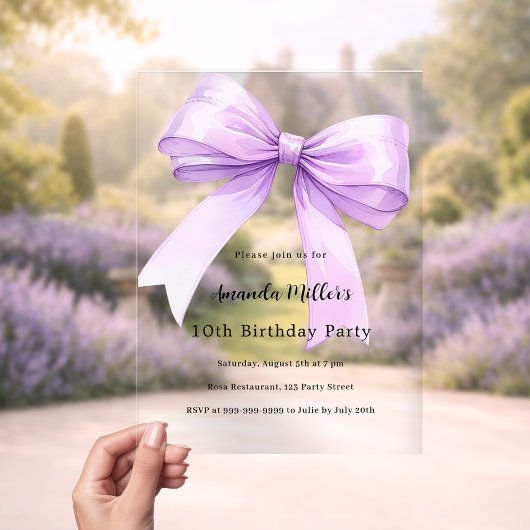 Lavender bow coquette girl luxury clear birthday acryl uitnodigingen