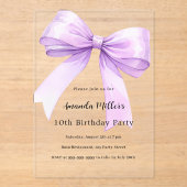 Lavender bow coquette girl luxury clear birthday acryl uitnodigingen (Voorkant)