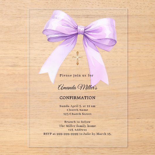 Lavender bow cream girl clear Confirmation Acryl Uitnodigingen (Voorkant)