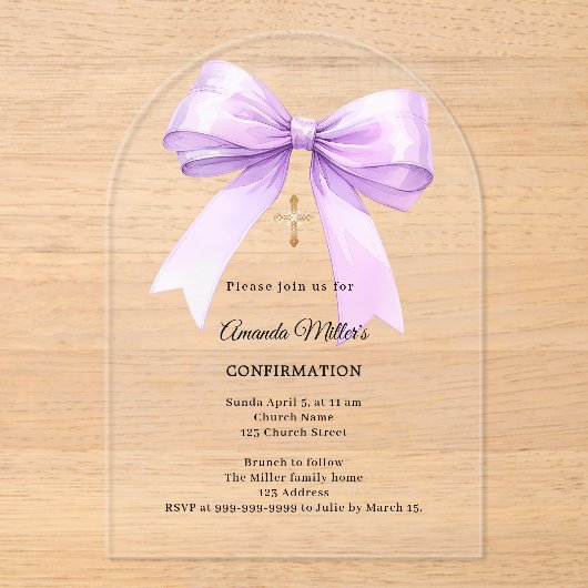Lavender bow cream girl Confirmation arch Acryl Uitnodigingen (Voorkant)
