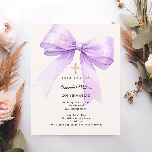 Lavender bow cream girl Confirmation invitation