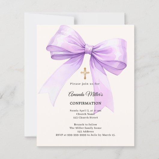 Lavender bow cream girl Confirmation invitation (Voorkant)