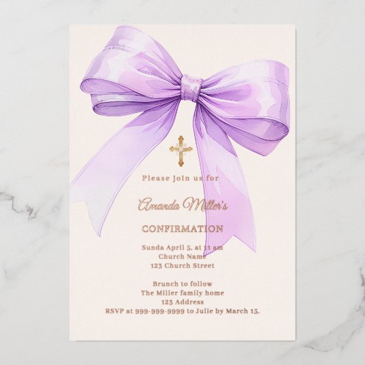 Lavender bow cream girl Confirmation rose gold Folie Uitnodiging (Voorkant)