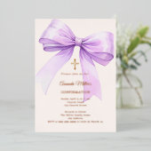 Lavender bow cream girl Confirmation rose gold Folie Uitnodiging (Staand Voorkant)
