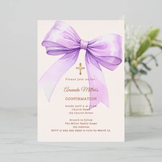 Lavender bow cream girl Confirmation rose gold Folie Uitnodiging (Staand Voorkant)
