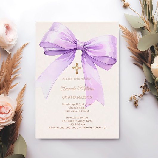 Lavender bow cream girl Confirmation rose gold Folie Uitnodiging