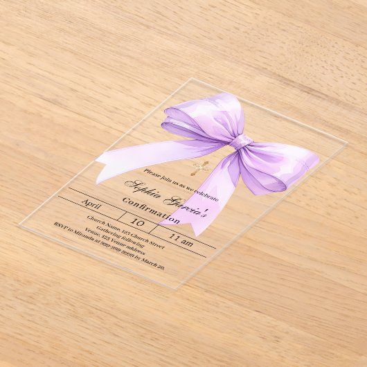 Lavender bow girl clear Confirmation Acryl Uitnodigingen (Laagn)