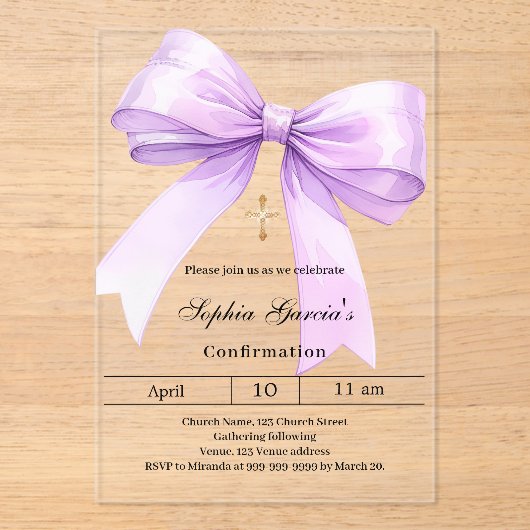 Lavender bow girl clear Confirmation Acryl Uitnodigingen (Voorkant)