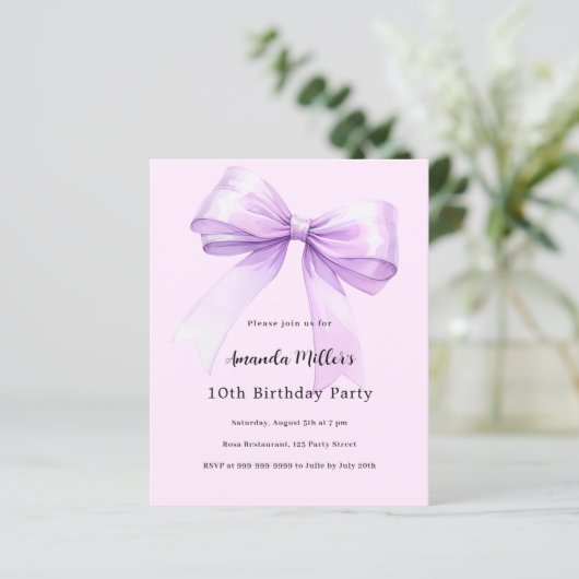 Lavender bow pink coquette birthday invitation (Staand voorkant)