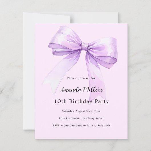 Lavender bow pink coquette birthday invitation (Voorkant)