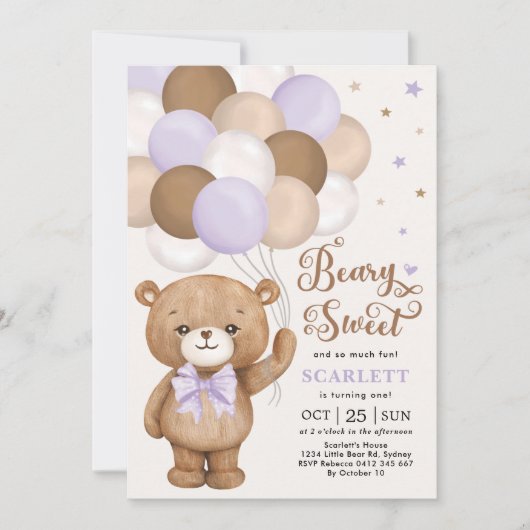 Lavender Brown Teddy Bear met Balloons Birthday Kaart (Voorkant)