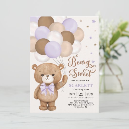 Lavender Brown Teddy Bear met Balloons Birthday Kaart (Staand voorkant)