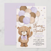Lavender Brown Teddy Bear met Balloons Birthday Kaart (Voorkant / Achterkant)
