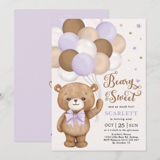 Lavender Brown Teddy Bear met Balloons Birthday Kaart (Voorkant / Achterkant)