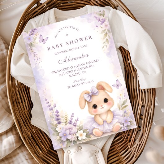 Lavender Bunny Floral Baby Shower Kaart